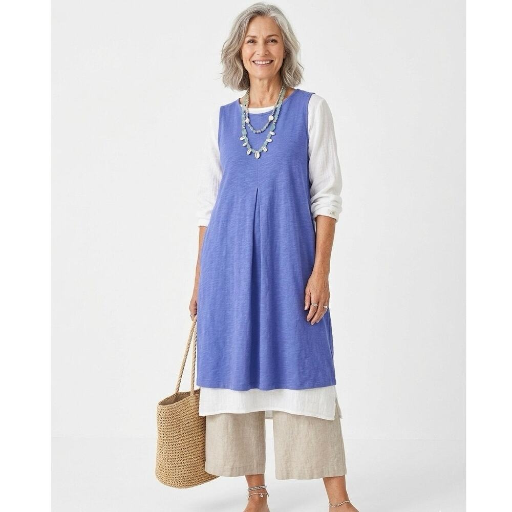 J. JILL Women's Large Cotton Knit Shift A Line Midi Dress Periwinkle Lagenlook